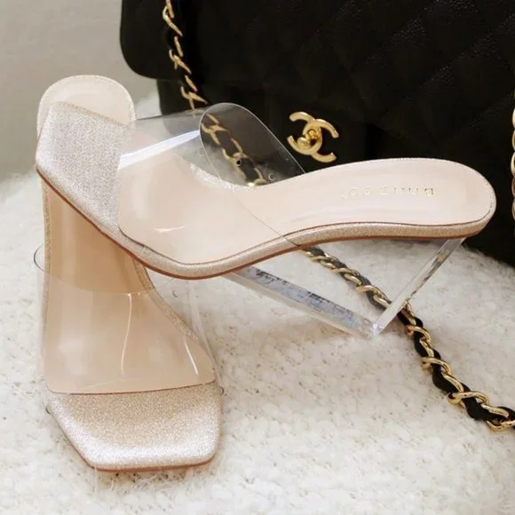 NEW Clear Transparent Wedge Slip On Square Toe Mule Sandal Heels Champagne Gold - Picture 1 of 8